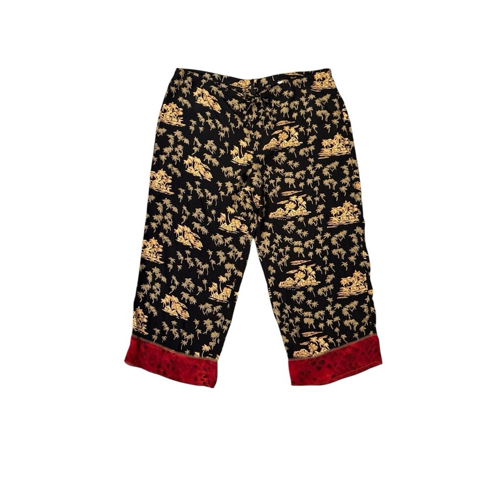 Cabi 305 Black & Gold Palm Tree Tropical Pull On Cropped Pants Size L Red Trim